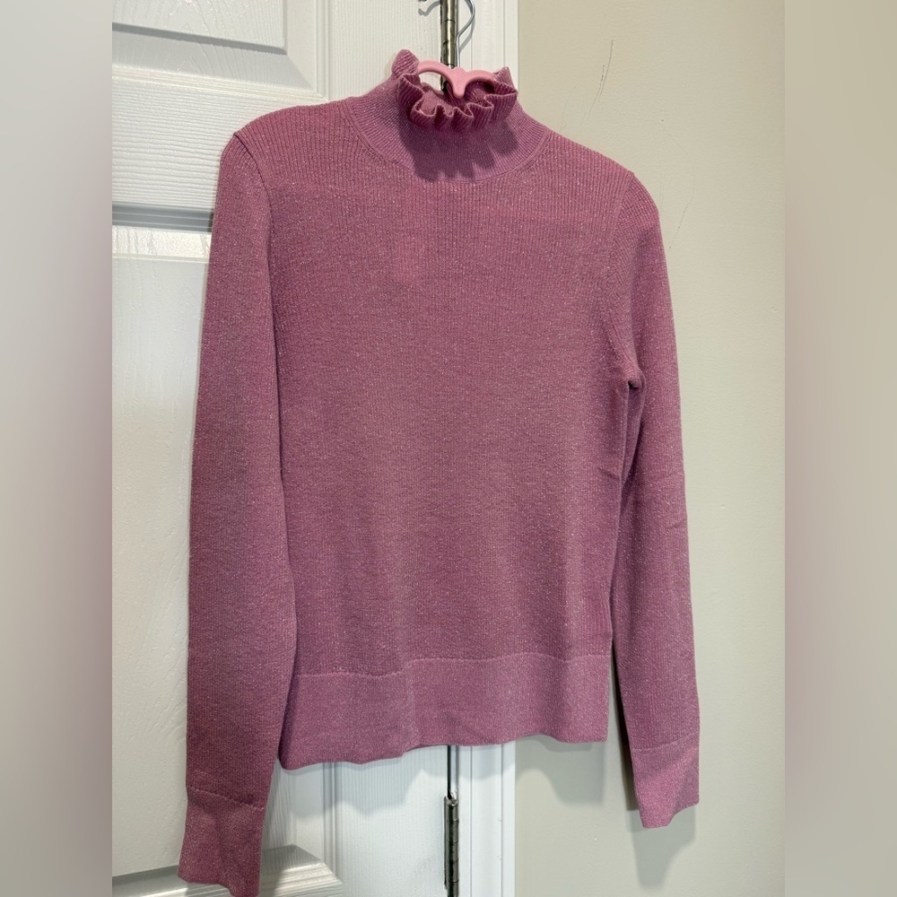 J. Crew  Pink Metallic Merino Wool
Ruffleneck Sweater Sz S